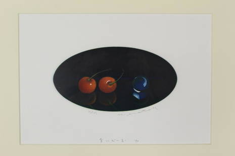 "Two Cherries and a Blue Glass Marble", Nobuo Sato(h): "Two Cherries and a Blue Glass Marble", Nobuo Sato(h) (1926-2005), Japanese Woodblock. Mezzotint pencil signed and numbered. 18x10 cm