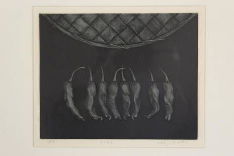 "Eight Peppers and a Straw Basket", Nobuo Sato(h): "Eight Peppers and a Straw Basket", Nobuo Sato(h) (1926-2005), Japanese Woodblock. Mezzotint pencil signed and numbered. 18x13 cm