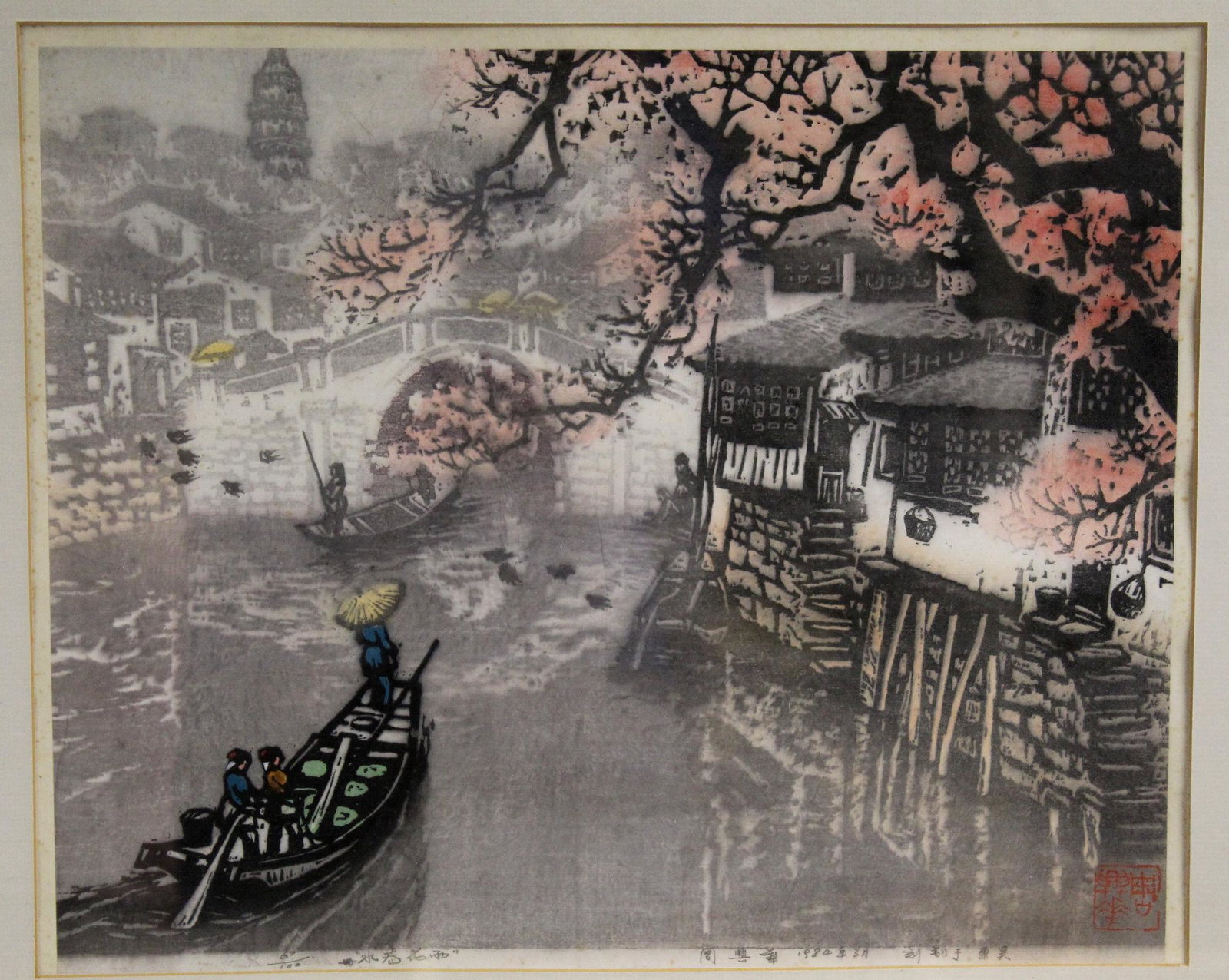 Chinese woodblock print, by Zhou Xinghua, framed.: Chinese woodblock print, by Zhou Xinghua, framed. Frame size 56 X 48 cm. Painting size 33 X 40 cm.