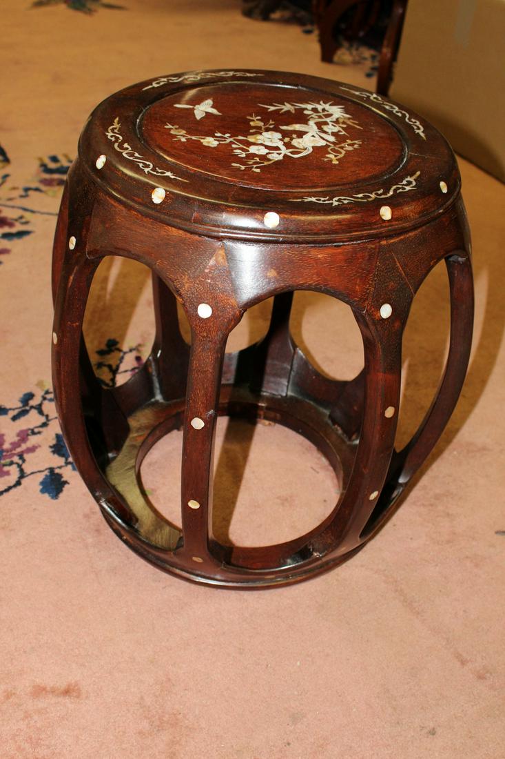 Chinese Rosewood Drum Stool with Mother-of-pearl Inlay.: Chinese Rosewood Drum Stool with Mother-of-pearl Inlay.. H 43 cm. Top diam 30 cm