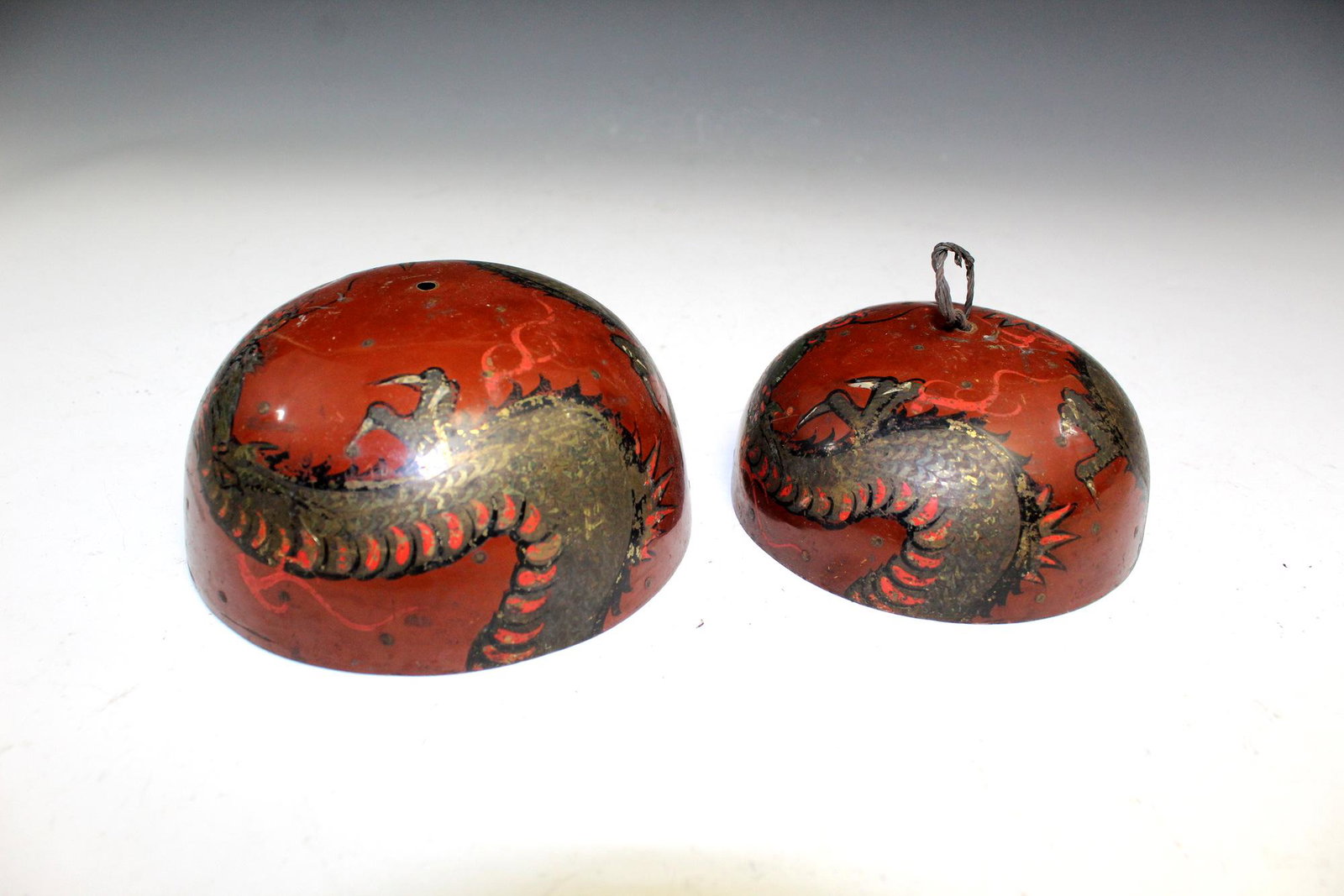 Two Japanese metal bell with dragon decoration.: Two Japanese metal bell with dragon decoration. Biggest diameter 13 cm.