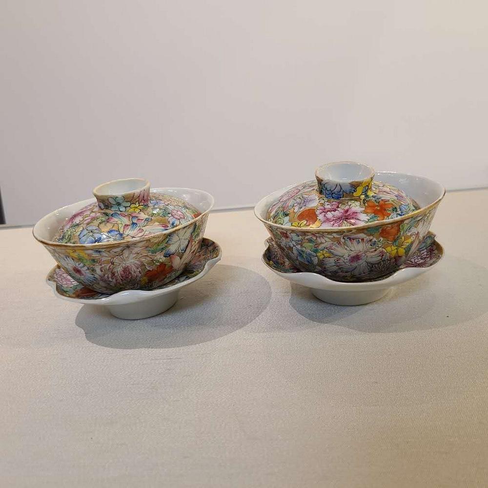 Pair of Asian cups with cover and base (1 of 4)