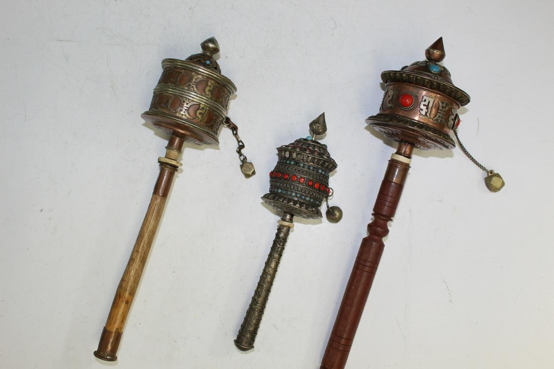 Three Tibetan Buddhist Prayer Wheels: Three Tibetan Buddhist Prayer Wheels. L 21 - 31 cm