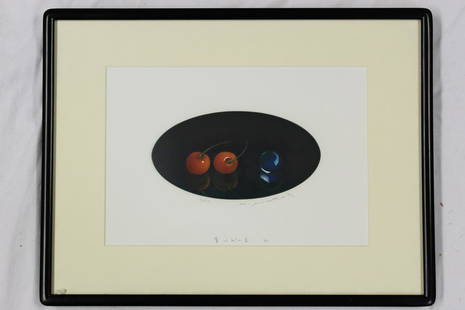 "Two Cherries and a Blue Glass Marble", Nobuo Sato(h): "Two Cherries and a Blue Glass Marble", Nobuo Sato(h) (1926-2005), Japanese Woodblock. Mezzotint pencil signed and numbered. 18x10 cm