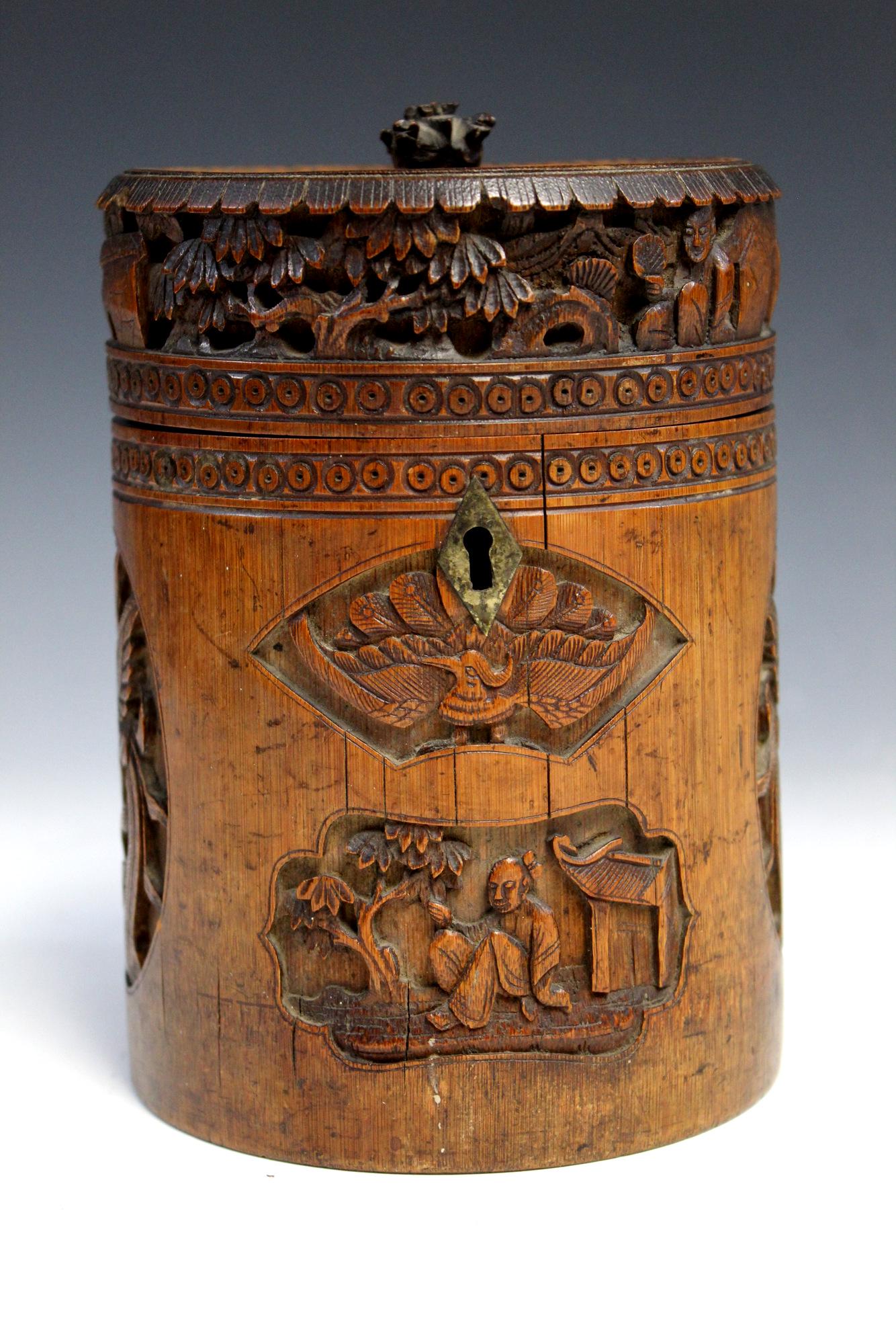 Chinese carved bamboo box.: Chinese carved bamboo box. Ht 17 cm. Provenance: From Maria Worthington estate in Virginia. Maria Worthington lived in Philippines with her husband, Amos, who worked for the U.S. foreign assistance pr