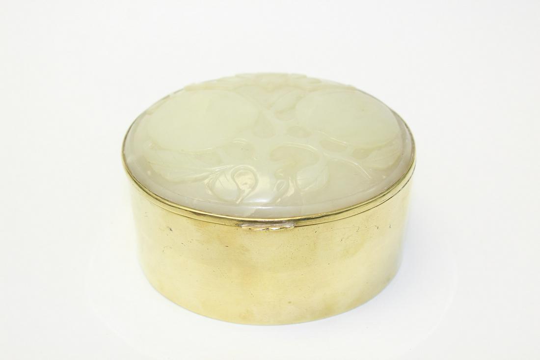 Large Chinese white jade metal box.: Large Chinese white jade metal box. Jade carved with bat and peaches. L 12 cm W 10.5 cm. Jade is from 18th Century. Box is probably early 20th C.