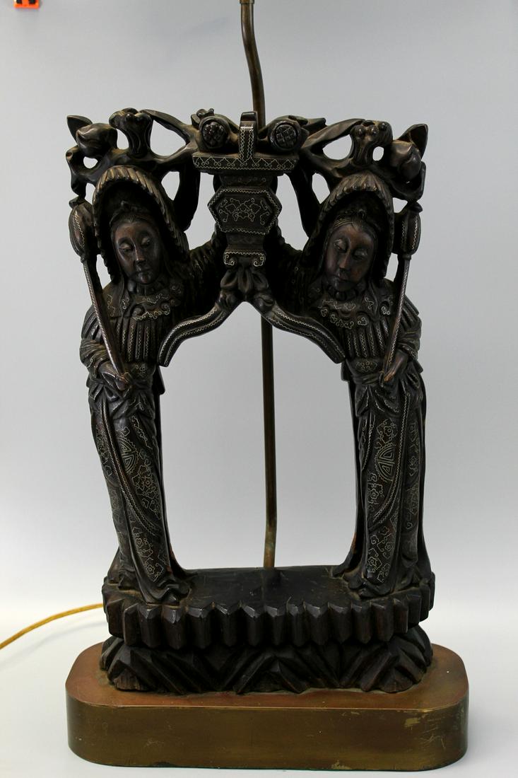 Chinese carved wood statue with silver inlaid.: Chinese carved wood statue with silver inlaid. H 35 cm. Mounted as a lamp.