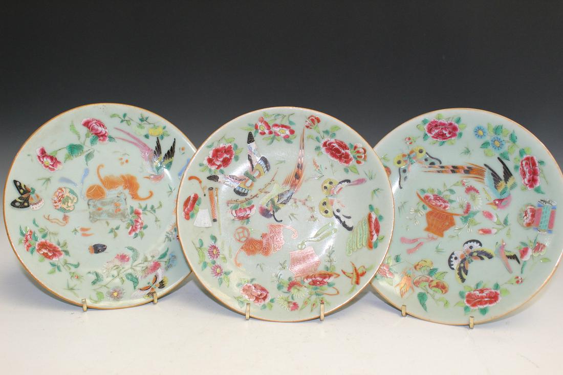 Three Chinese Celadon Famille Rose Porcelain Dishes. (1 of 4)