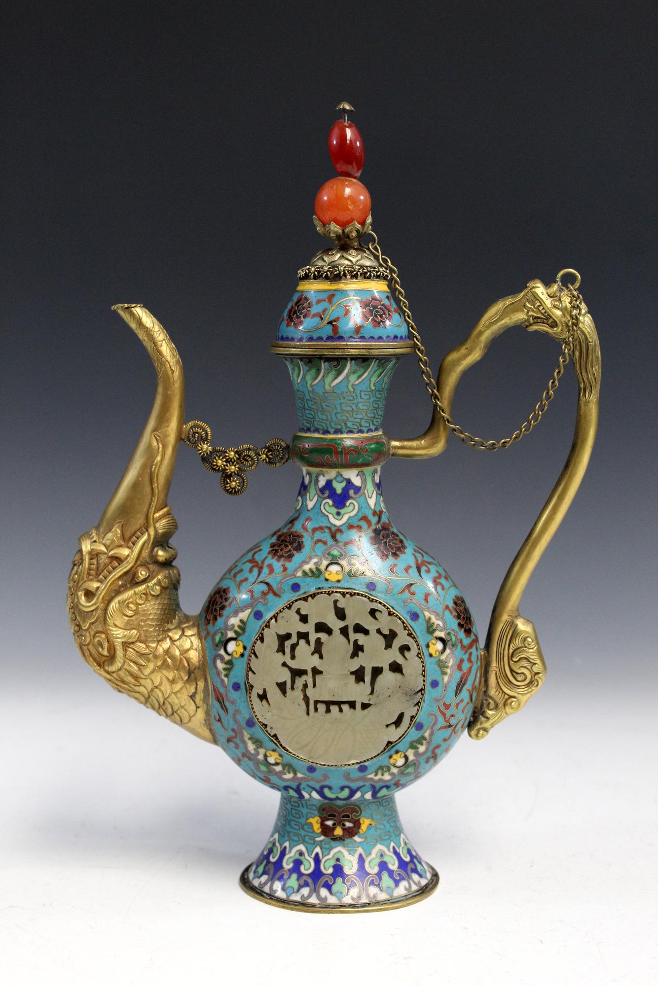 Chinese cloisonne tea pot with carved white jade (1 of 8)