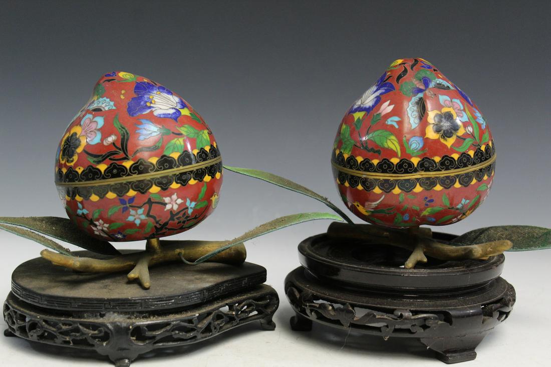 Two Chinese Cloisonne Peach Boxes on Wood Stands (1 of 4)
