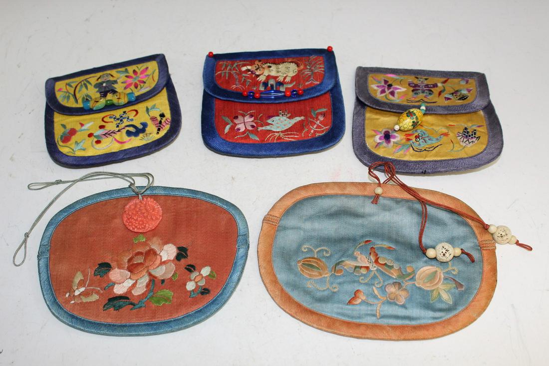 Five Chinese Embroidery Pouches. (1 of 7)