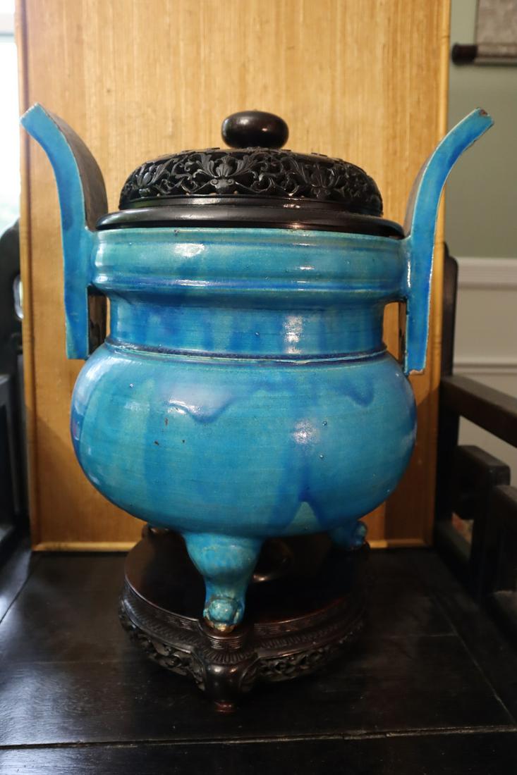 Chinese blue glazed porcelain incense burner on wood (1 of 8)