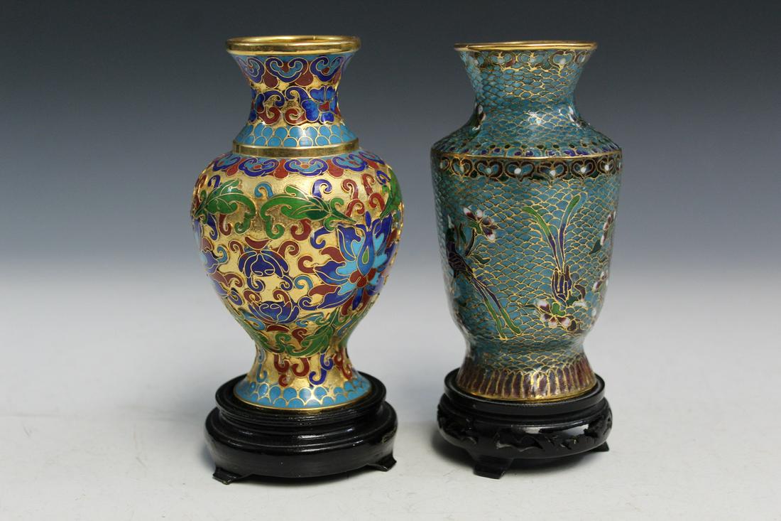 Two Chinese Cloisonne Vases on Wood Stands (1 of 4)
