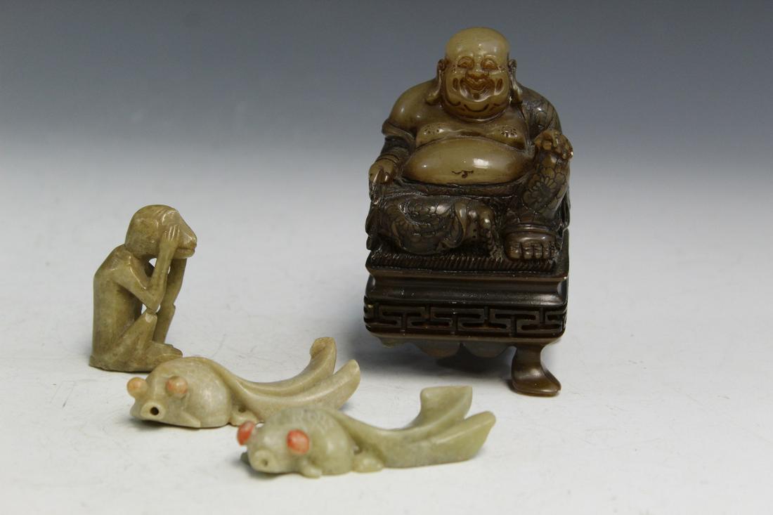 Group of Chinese Carved Soapstone Items.: Group of Chinese Carved Soapstone Items.. Buddha H 10 cm