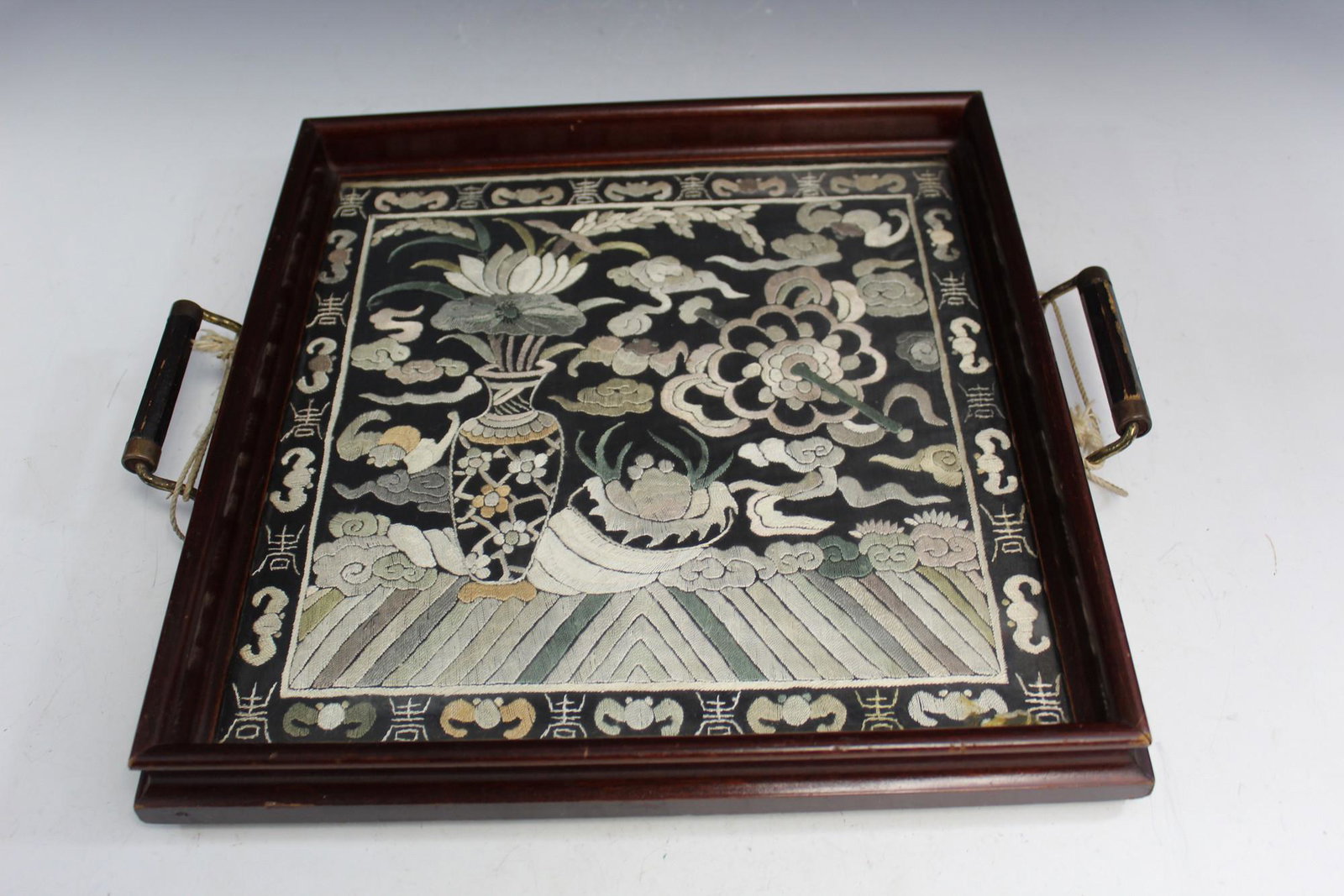 Chinese Embroidery Wood Tea Tray: Chinese Embroidery Wood Tea Tray. 32x33 cm.