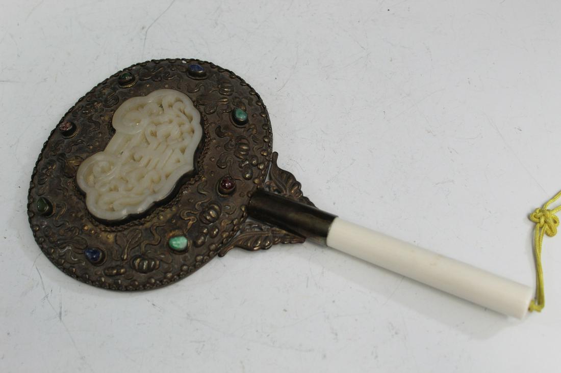 Antique Chinese Mirror with White Jade Inlaid. (1 of 3)