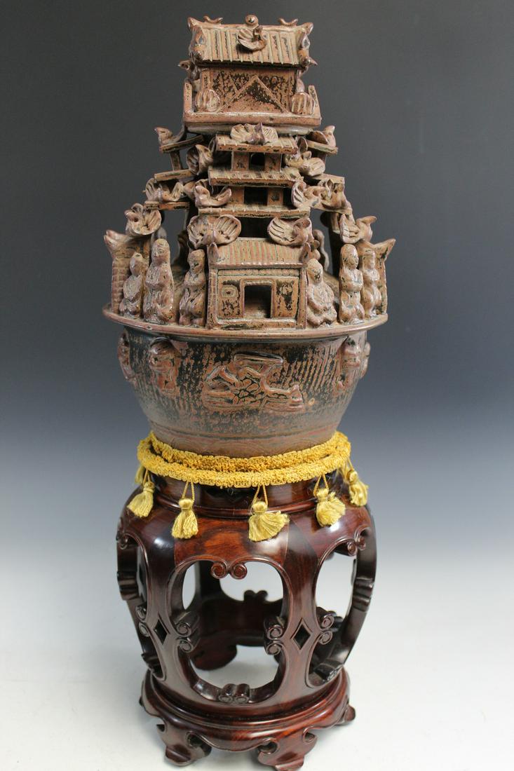 Chinese Pottery Funerary Urn on Wood Stand (1 of 5)