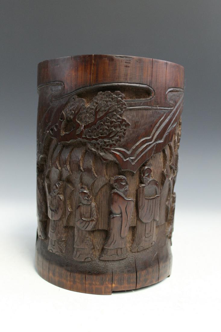 Chinese Carved Bamboo Brush Pot: Chinese Carved Bamboo Brush Pot. H 19 cm