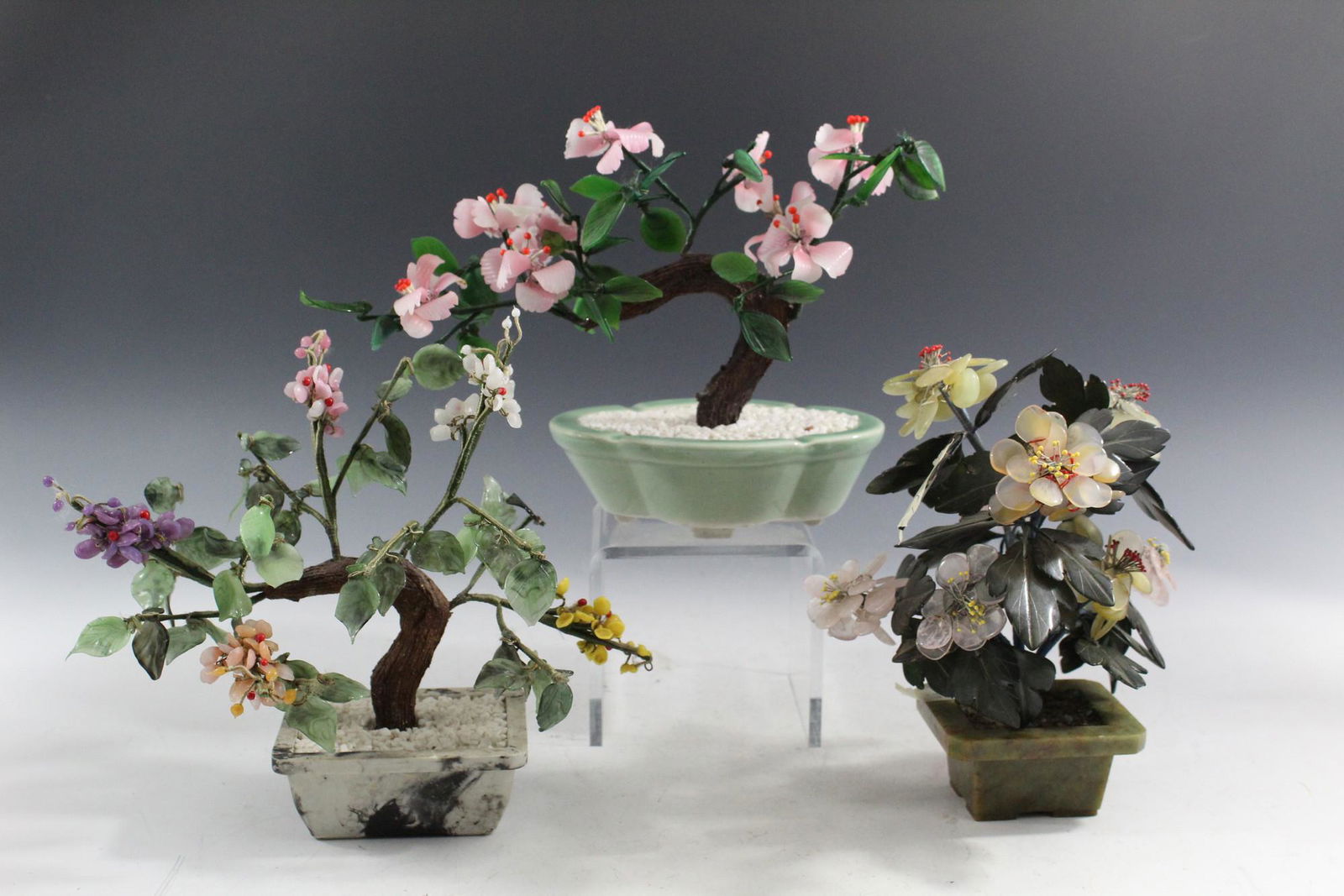 Three Chinese Stone and Glass Bonsai Trees. (1 of 5)