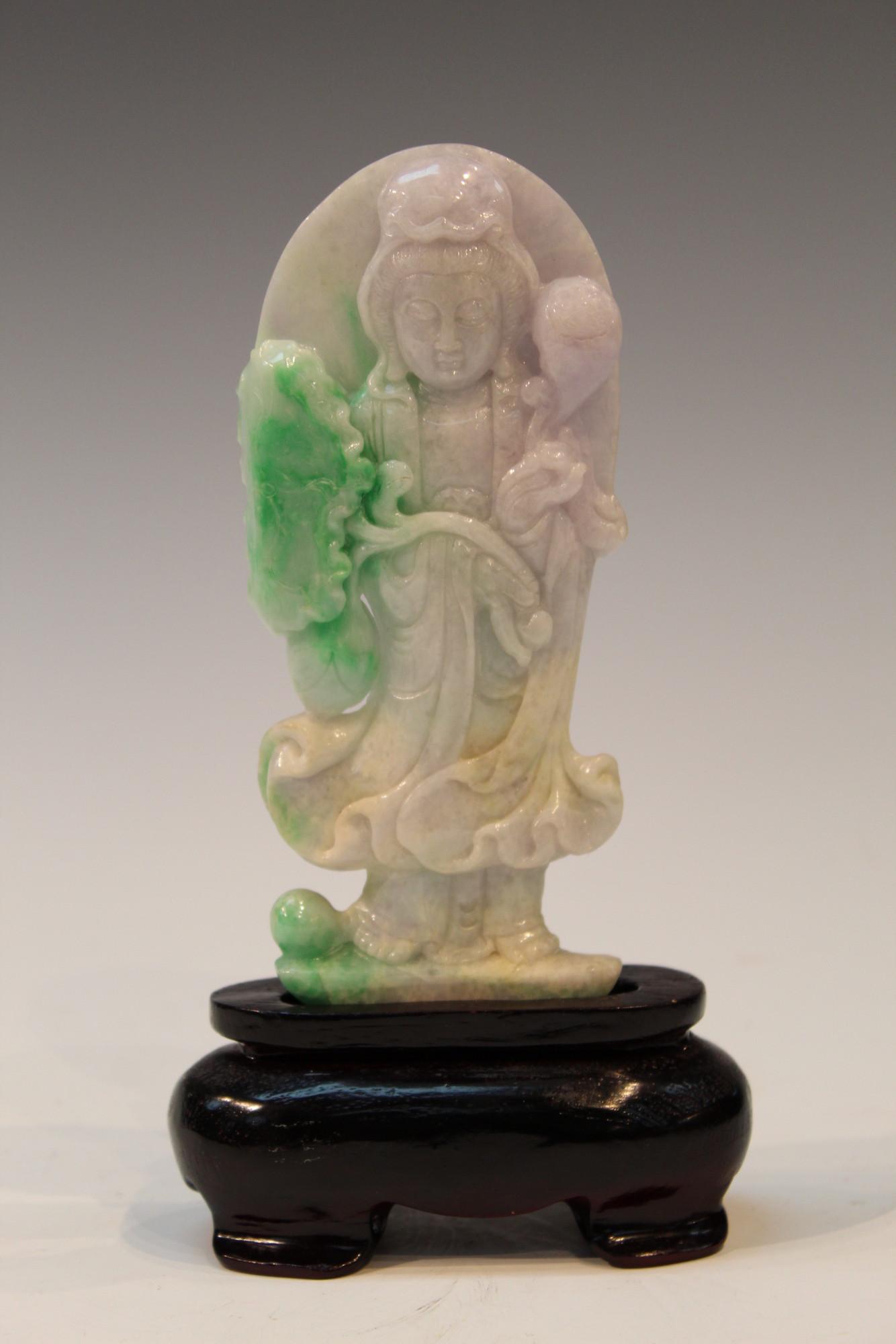 Chinese Carved Jadeite Guanyin Statue on Wood Stand (1 of 6)
