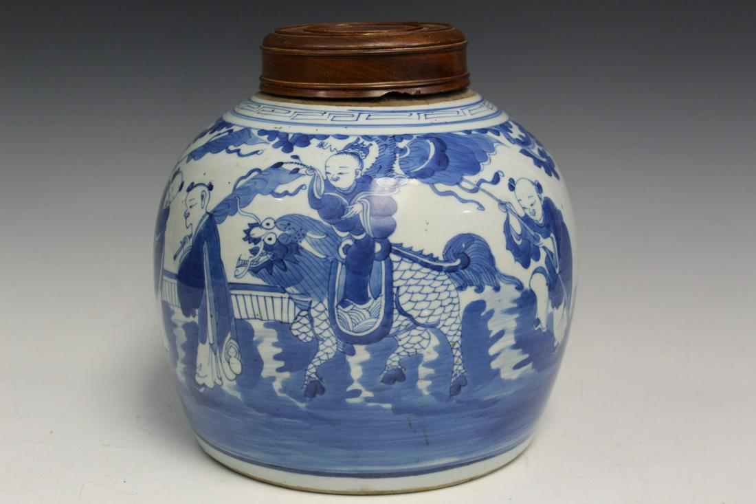 Chinese Blue and White Melon Jar with Wood Lid (1 of 7)