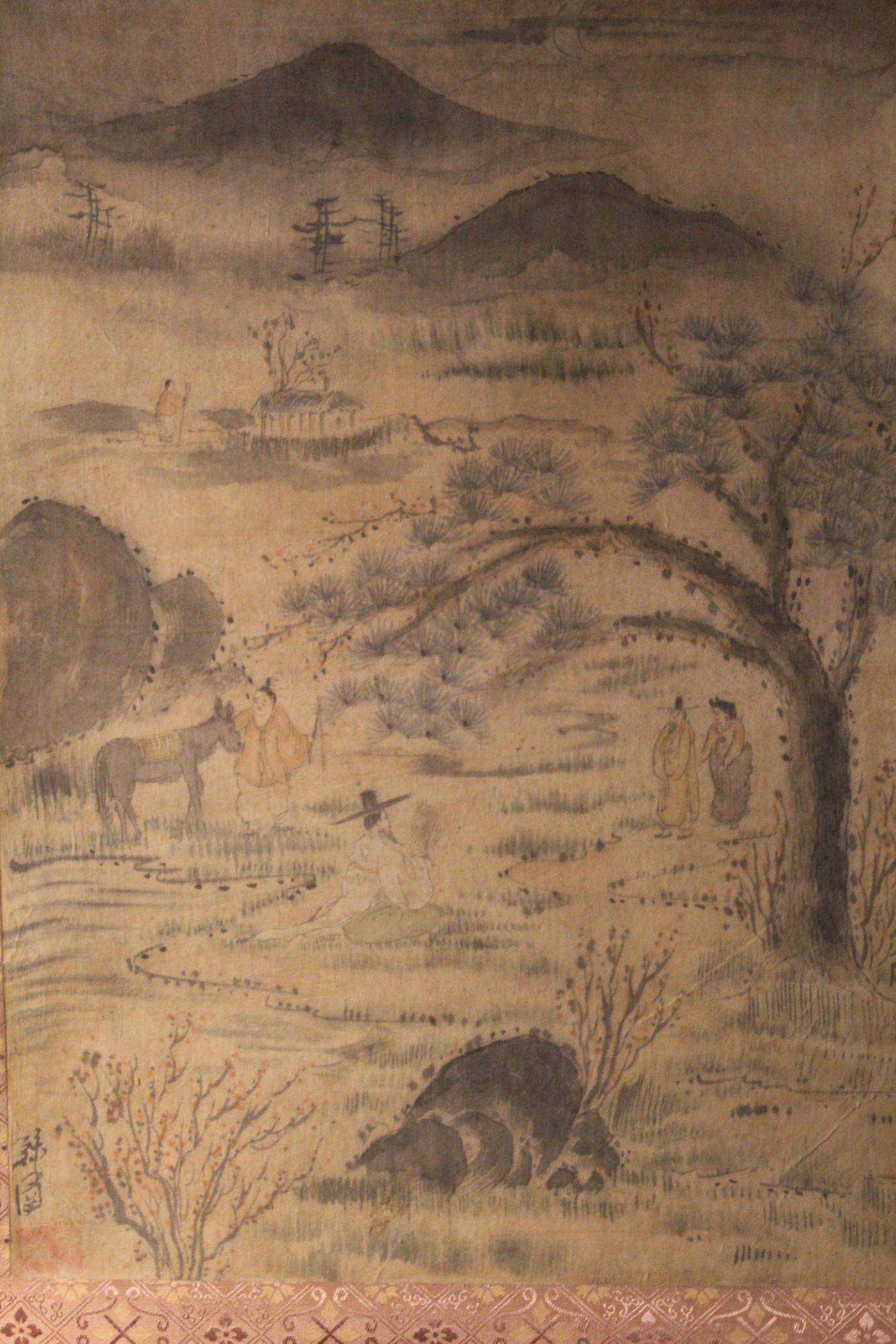 Korean ink painting on silk scroll.: Painting size 32 x 46 cm.