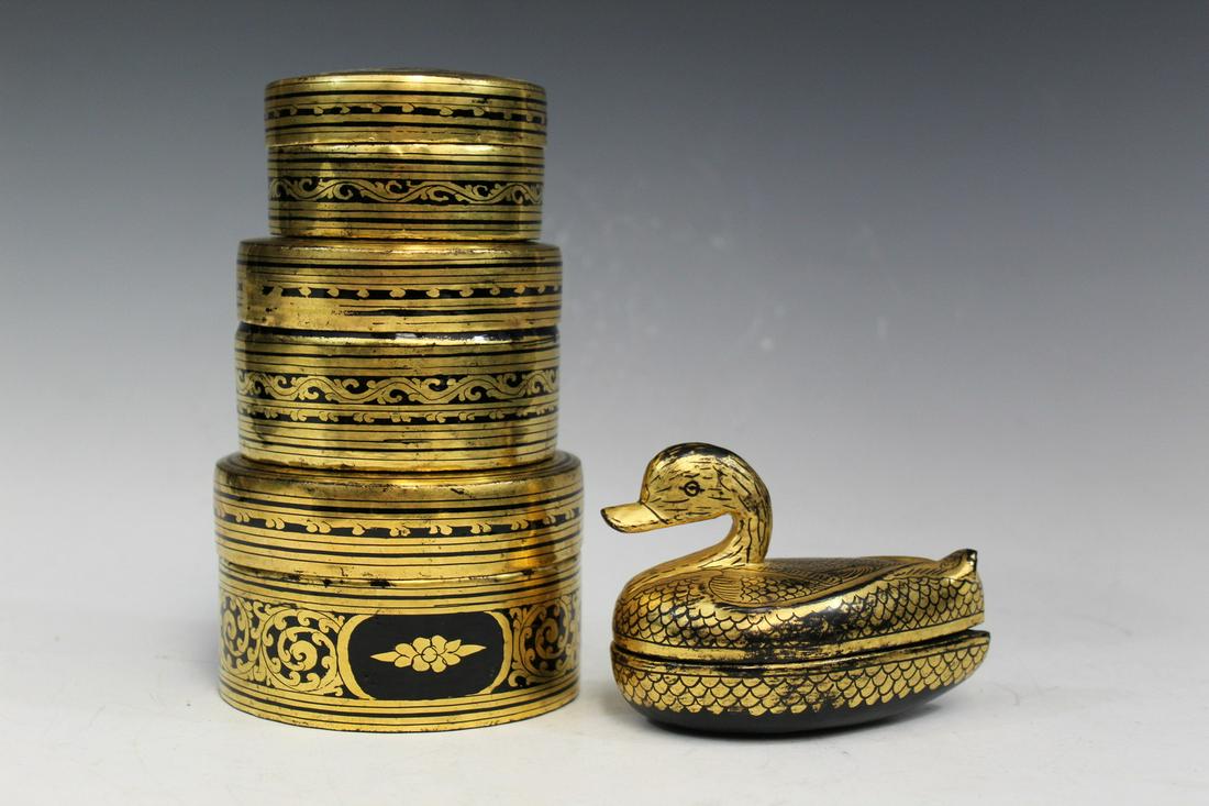 Thai Lacquer Boxes: Thai Lacquer Boxes. Biggest diam 10.5 cm. Duck L 10.5 cm
