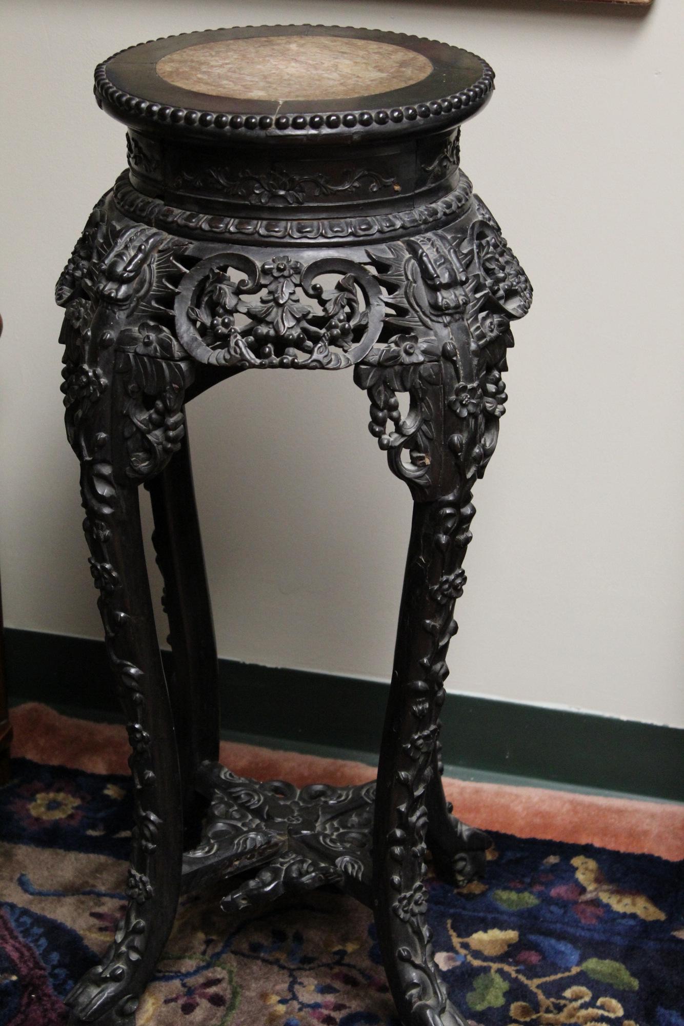 Chinese Carved Hardwood Tall Side Table with Marble (1 of 5)