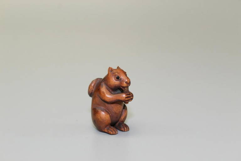 Squirrel, Japanese Wood Carving, Maker's Mark On The