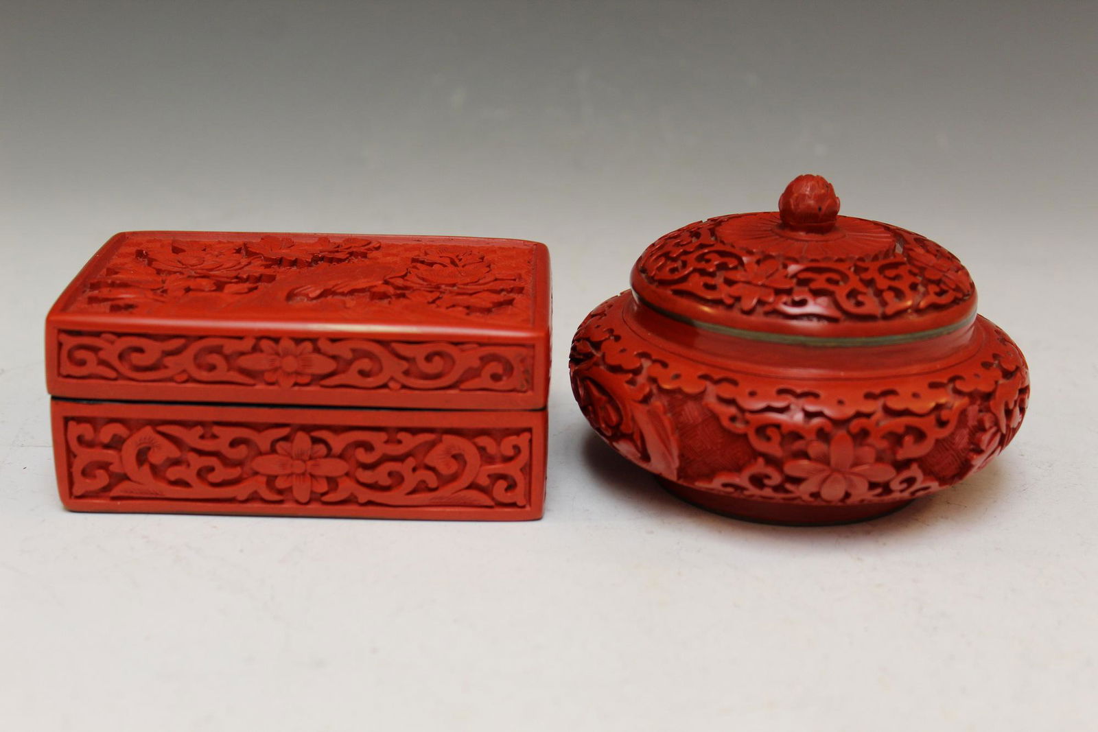 Chinese cinnabar box and covered jar. (1 of 9)