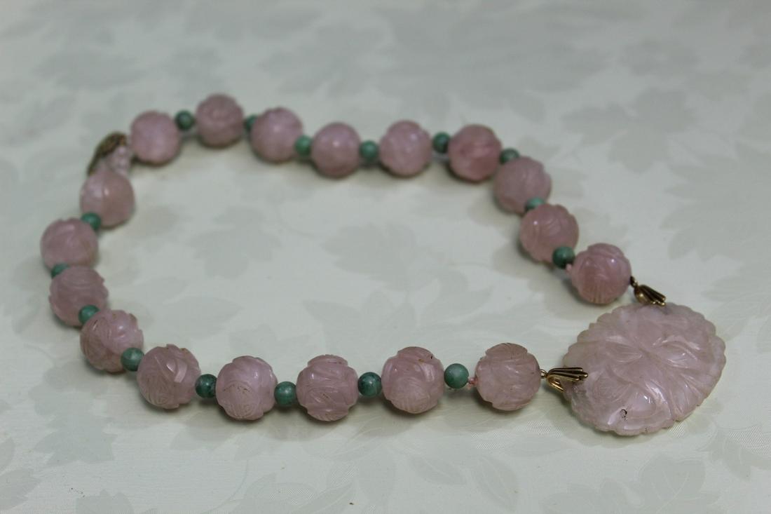 Chinese Carved Rose Quartz and Jadeite Beads Necklace (1 of 5)