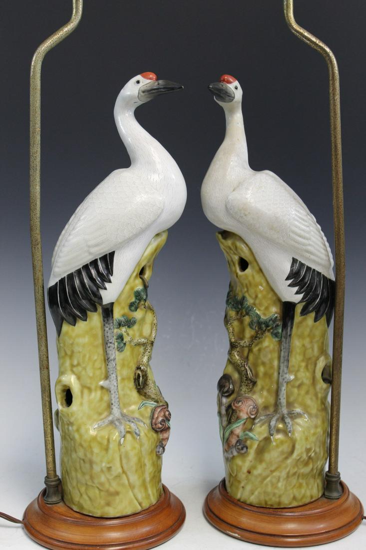 Pair of Chinese Porcelain Crane Statue Lamps (1 of 7)