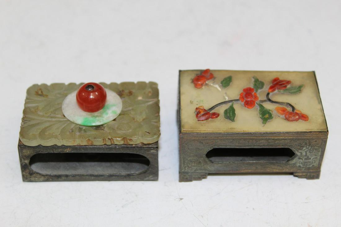 Two Chinese Matchboxes with Jade and Soapstone: Two Chinese Matchboxes with Jade and Soapstone Decorations. 6x4x3 and 6x4x4 cm