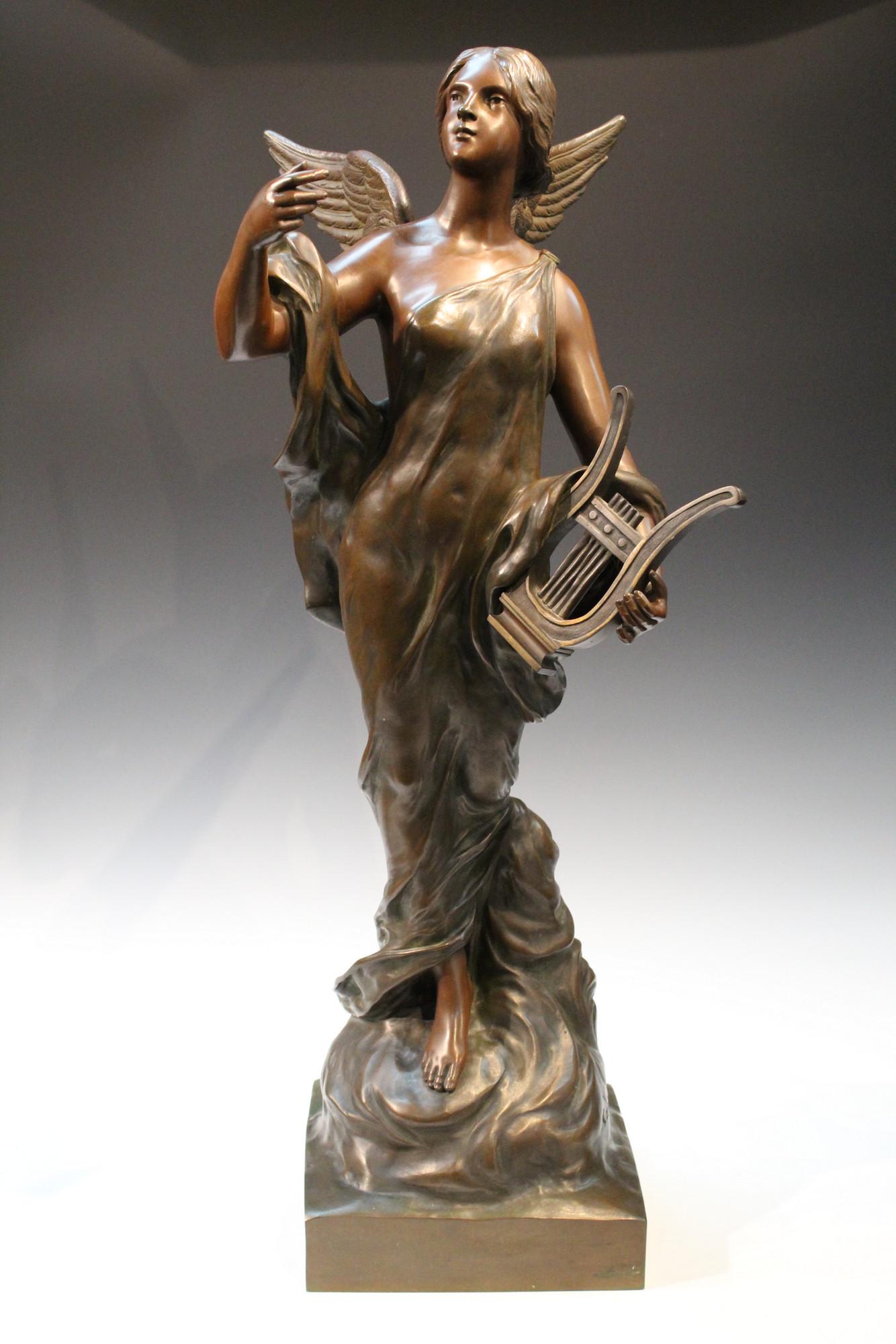 Pierre Etienne Daniel Campagne Bronze sculpture of a Harp Angel with wings (1 of 7)