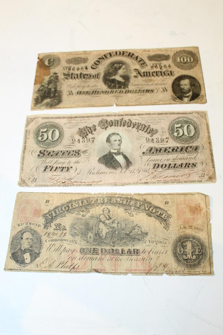 Lot of Two Confederate Billsl and One Virginia Treasury Note (1 of 6)
