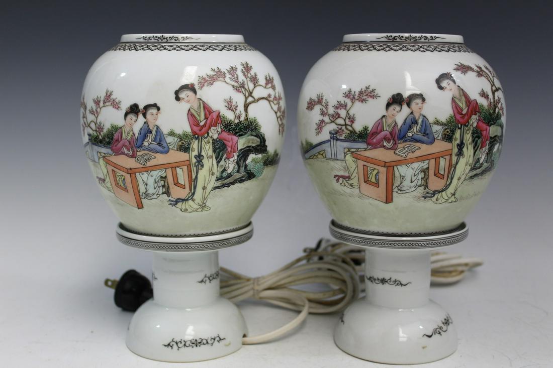 Pair of Chinese Hand Painted Egg-shell Porcelain Lamps (1 of 6)