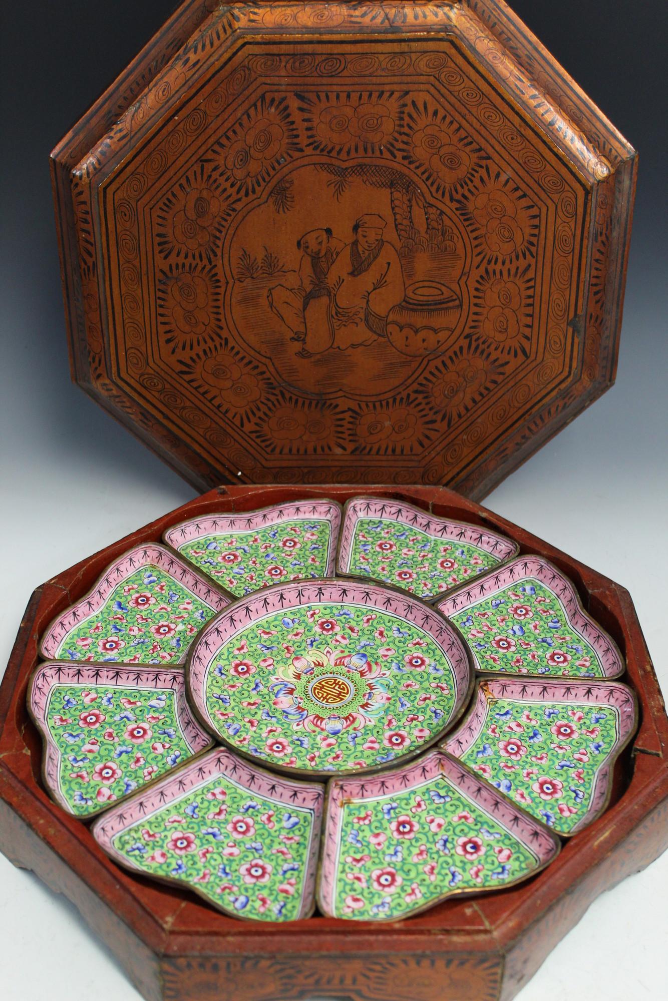 Chinese Enamel Fruit Dish Set in a Lacquer Box (1 of 6)
