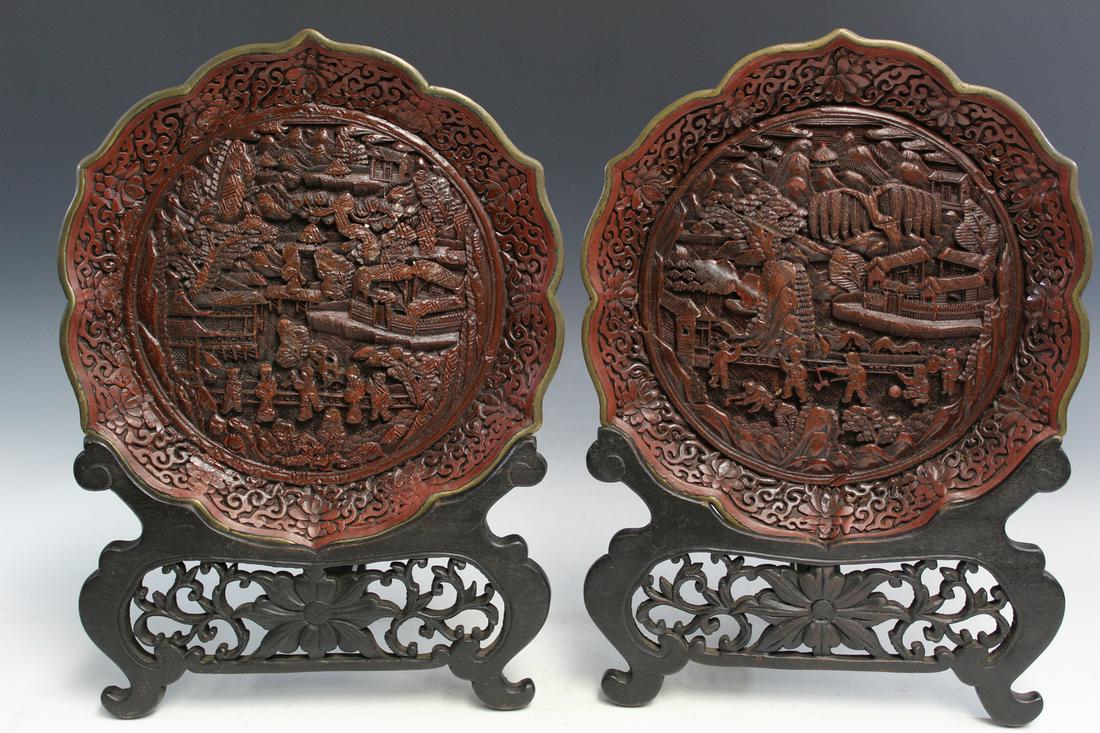 Pair of Chinese Cinnabar Lacquer Dishes on Stands. (1 of 5)