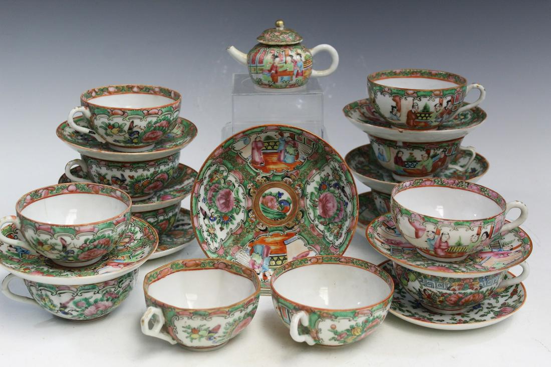 Large Lot of Chinese Rose Medallion Porcelain Cups and Saucers (1 of 7)