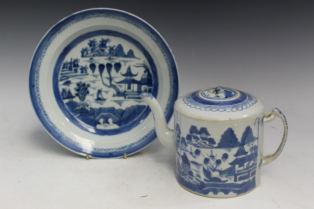 Chinese Canton Blue and White Porcelain Teapot and Dish (1 of 3)