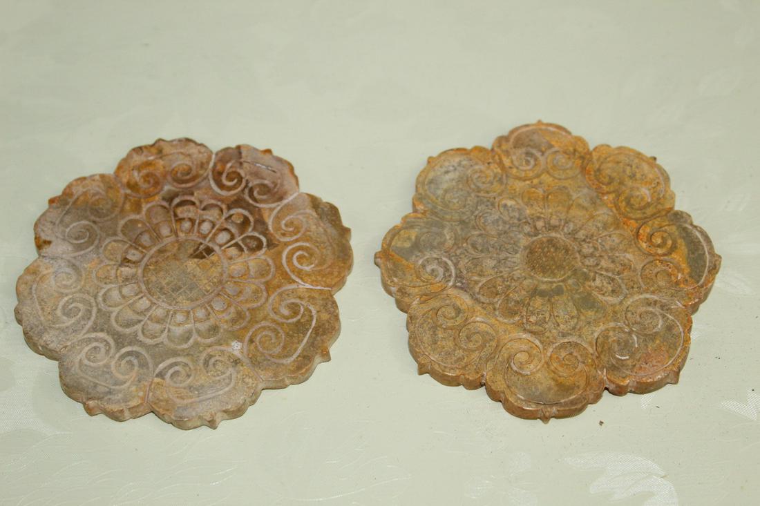 Two Chinese Carved Stone Flower Pendants (1 of 2)
