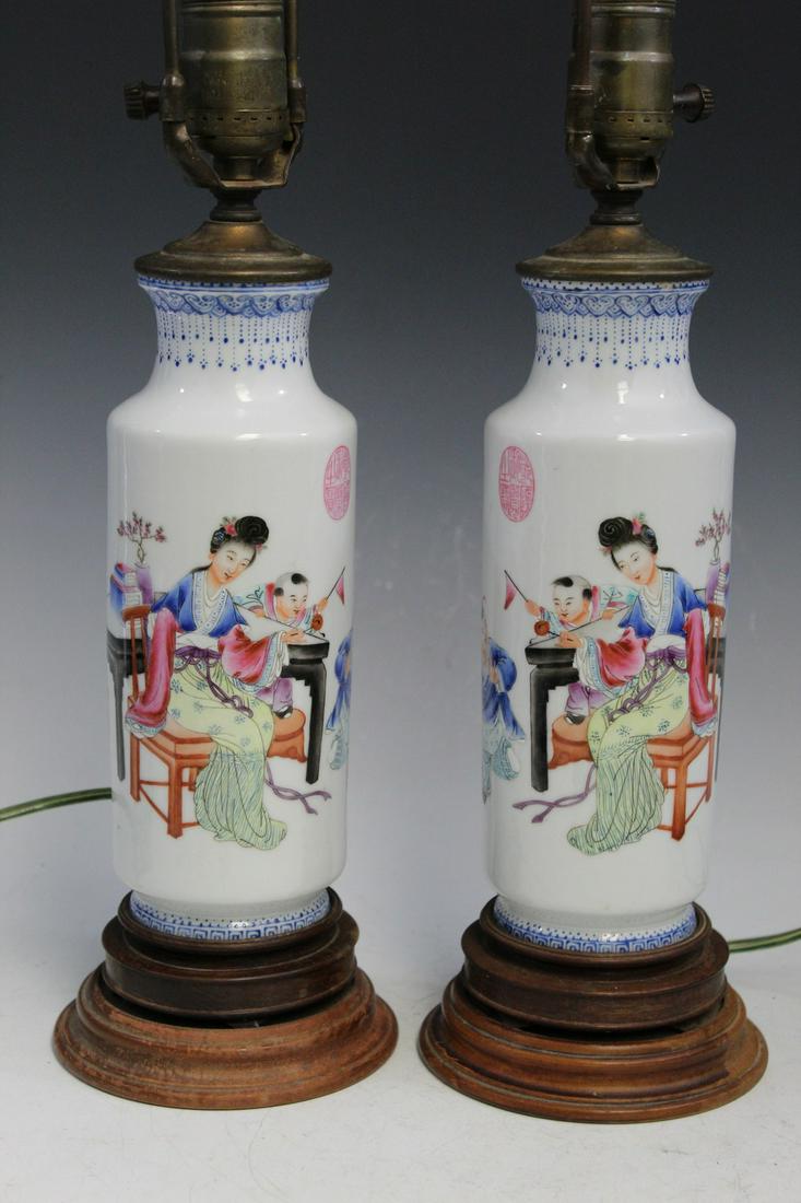 Pair of Chinese Porcelain Vase Lamps: Pair of Chinese Porcelain Vase Lamps. Vase H 22 cm. Total H 46 cm. As Is.