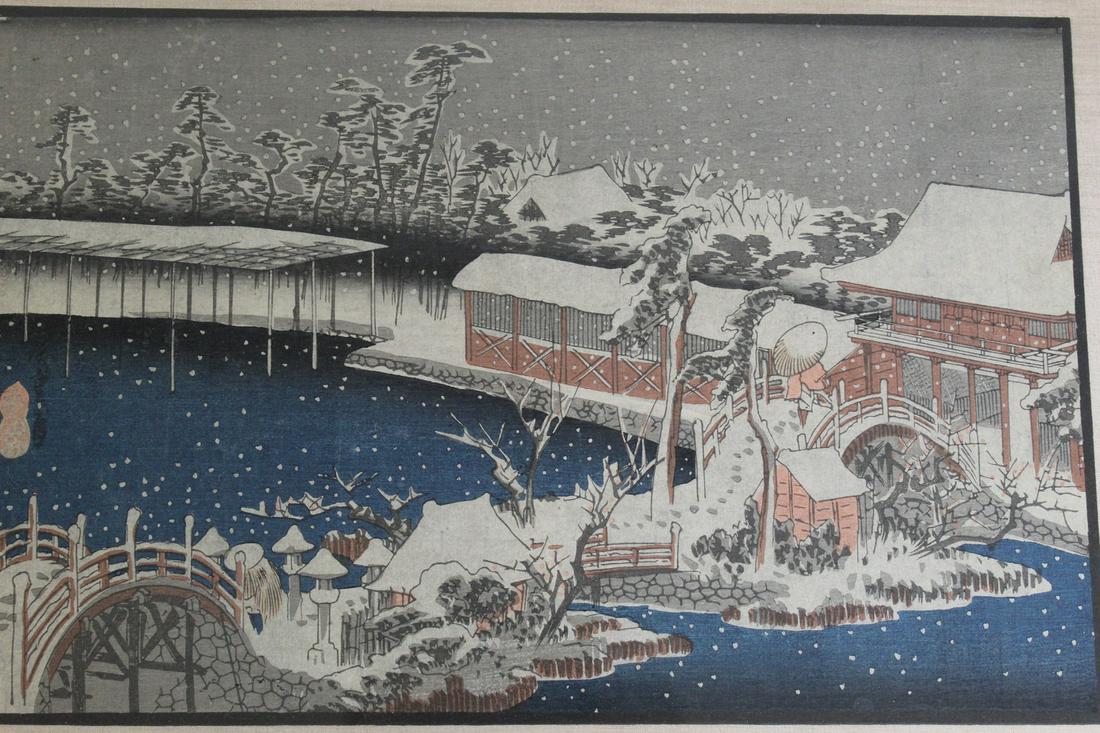 Snow in the precincts of the Tenmangu shrine at Kameido, Utagawa Hiroshige, Japanese Woodblock (1 of 5)