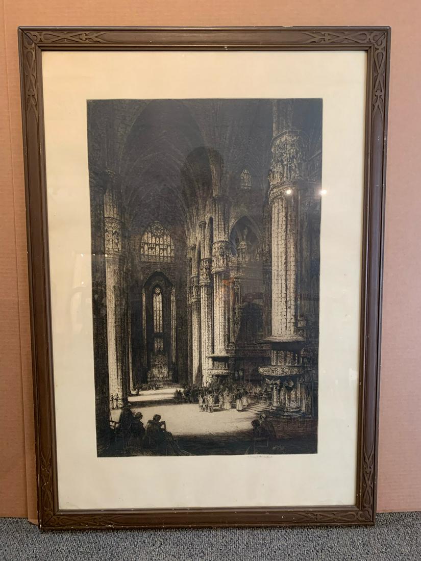 Signed Albany E. Howard etching of original Gothic interior etching of Cathedral (1 of 3)