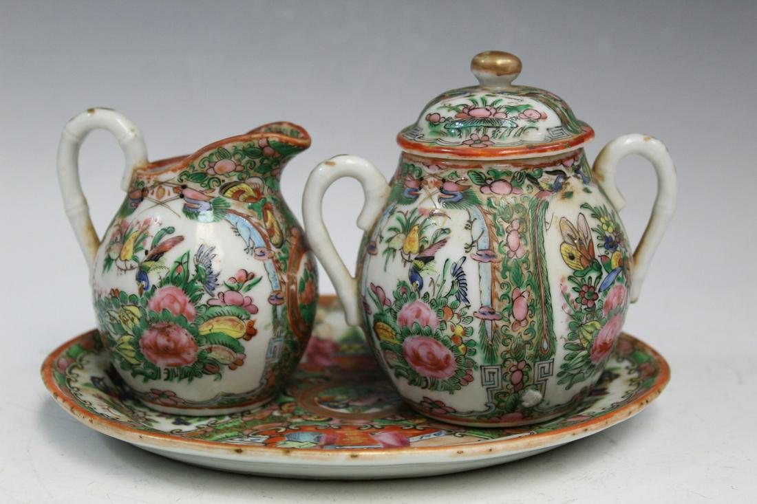 Chinese Rose Medallion Porcelain Dish, Sugar Bowl and Creamer. (1 of 4)