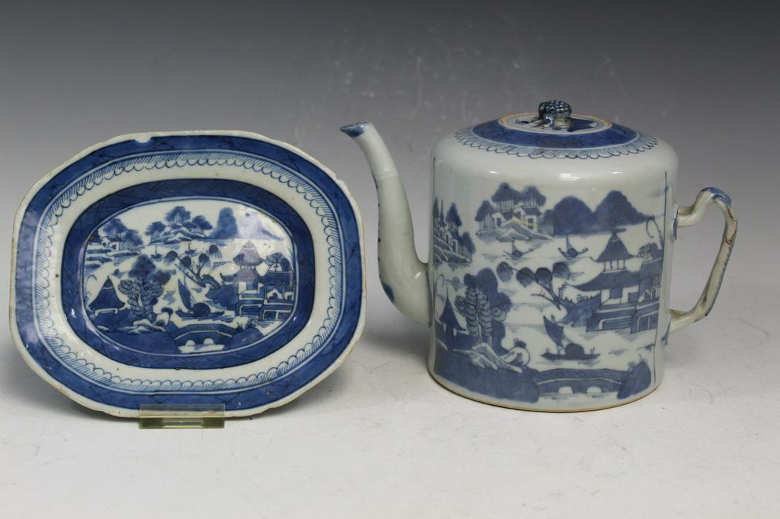 Chinese Canton Blue and White Porcelain Teapot and Dish (1 of 8)