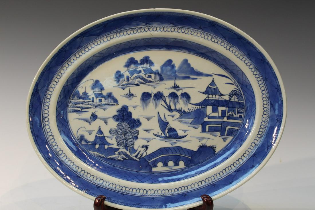Chinese Canton Blue and White Oval Shaped Plate (1 of 6)