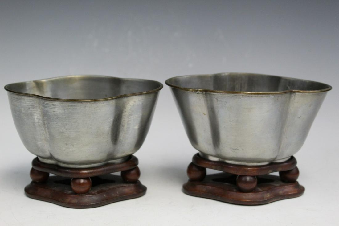 Pair of Chinese Pewter Bowls on Wood Stands (1 of 6)