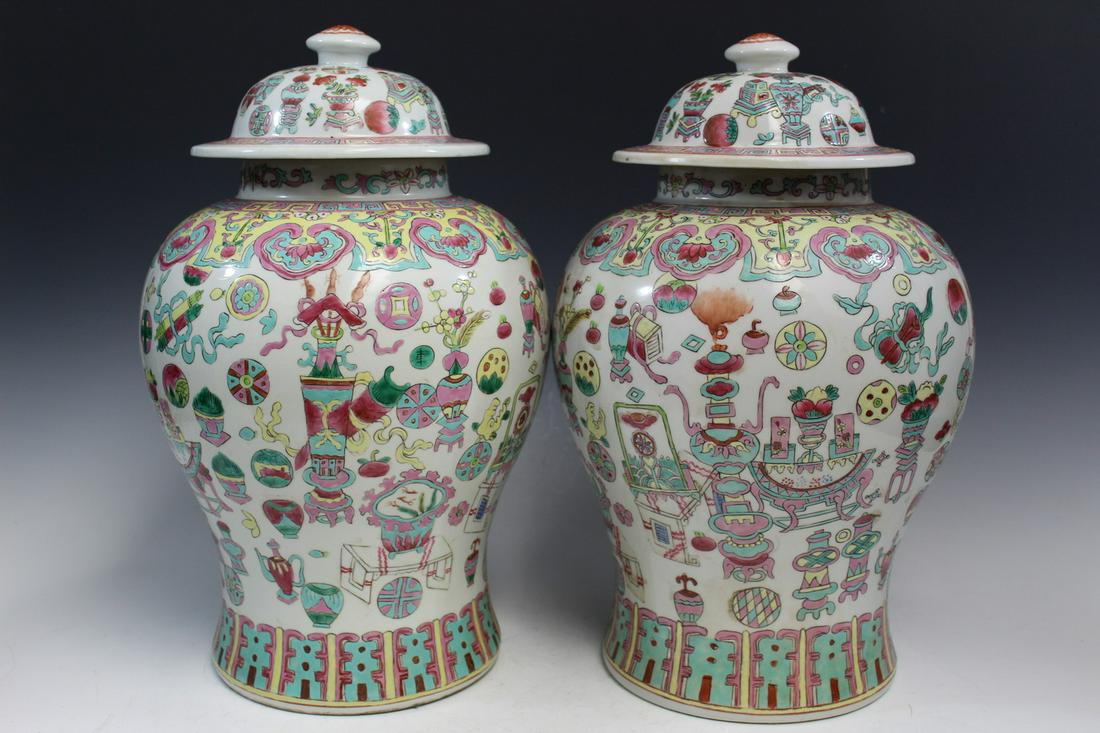 Pair of Chinese Famille Rose Porcelain Temple Jars: Pair of Chinese Famille Rose Porcelain Temple Jars. H 44 cm