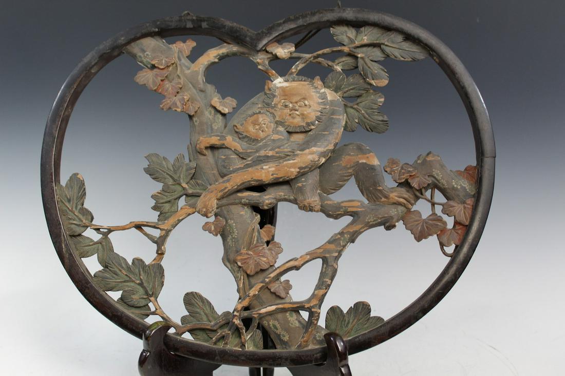 Japanese Carved Wood Lacquered Panel of Monkeys (1 of 6)